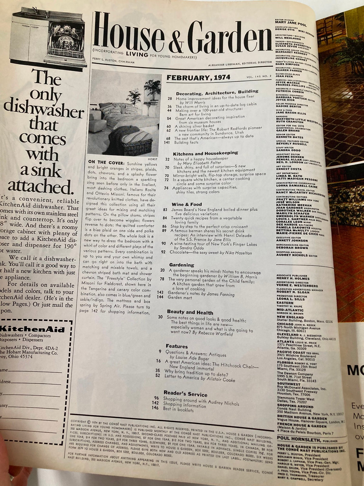 Interior page of the February 1974 House & Garden Magazine showcasing the contents, including articles on home decoration, kitchens, and gardening, alongside a feature on James Beard's New England culinary offerings.