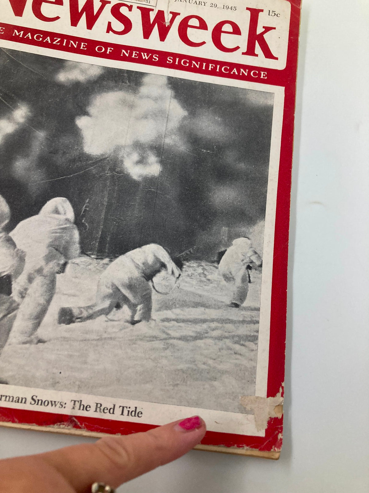 Close-up of the cover of vintage Newsweek magazine dated January 29, 1945, showing the title 'Over German Snows: The Red Tide' with visible wear.