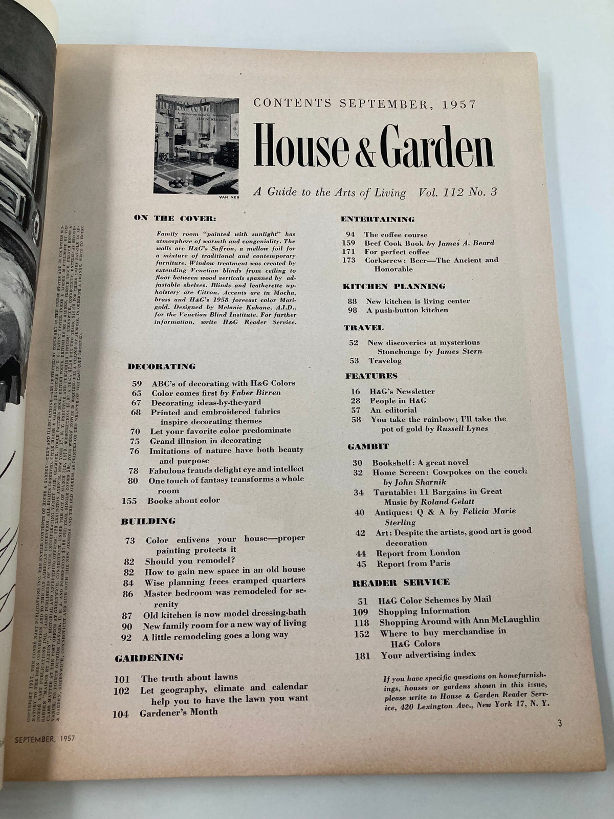 Table of contents page from the VTG House & Garden Magazine, September 1957 'A Primer on Color in Decorating.' The layout features sections on decorating, gardening, and entertaining, showcasing mid-century design trends.
