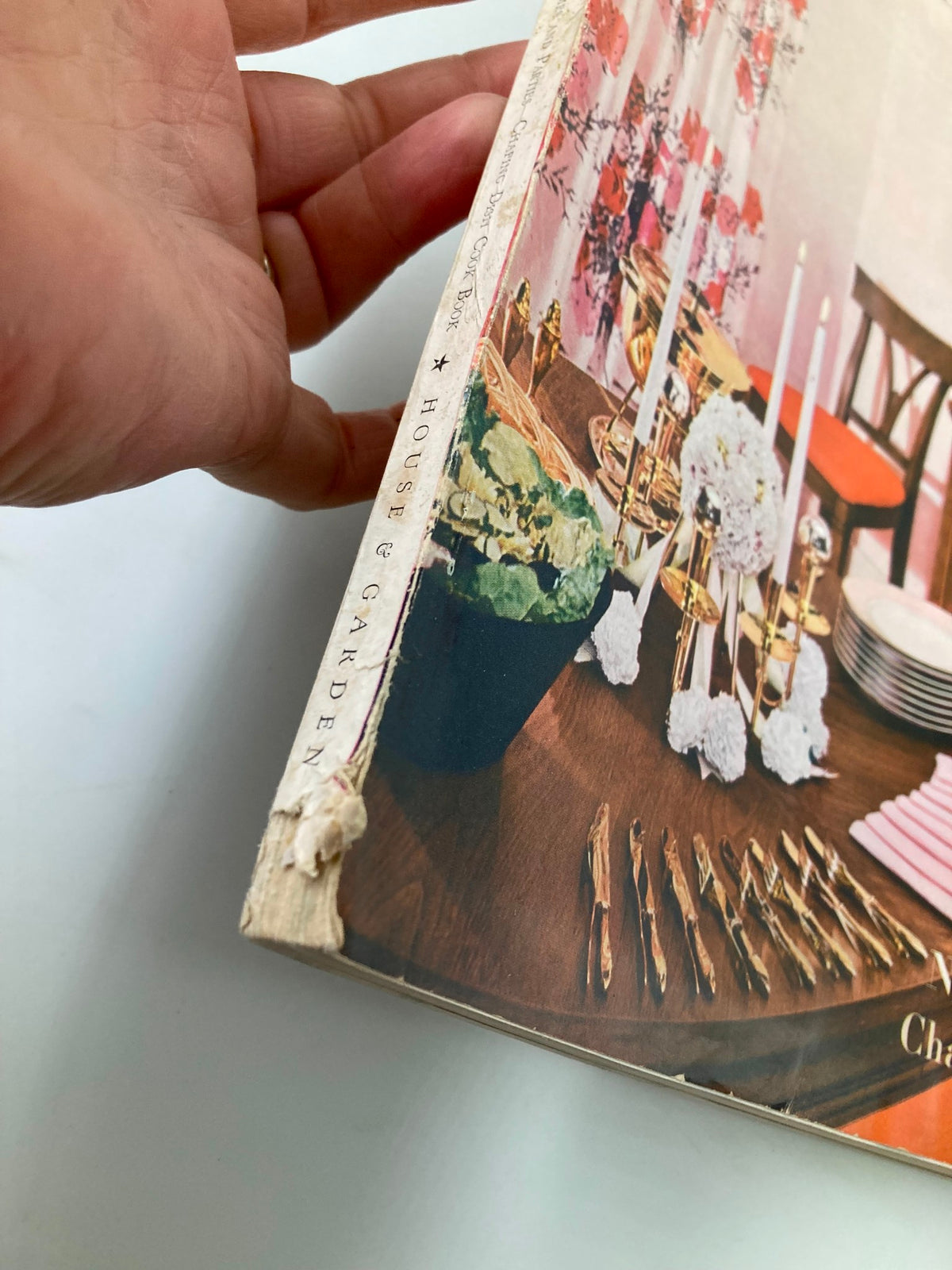 Side view of the VTG House & Garden Magazine November 1954, showing the edge and binding details with a focus on the chafing dish cook book theme.