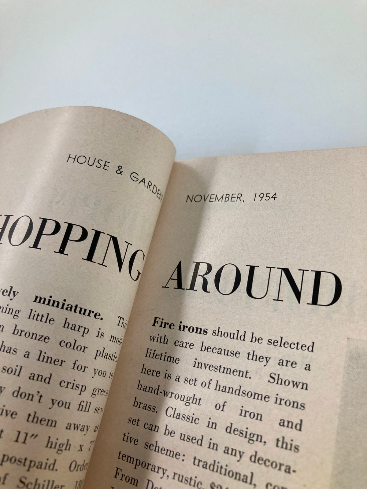 Inside view of the VTG House & Garden Magazine from November 1954, showcasing content about home decor and entertaining with emphasis on chafing dishes.