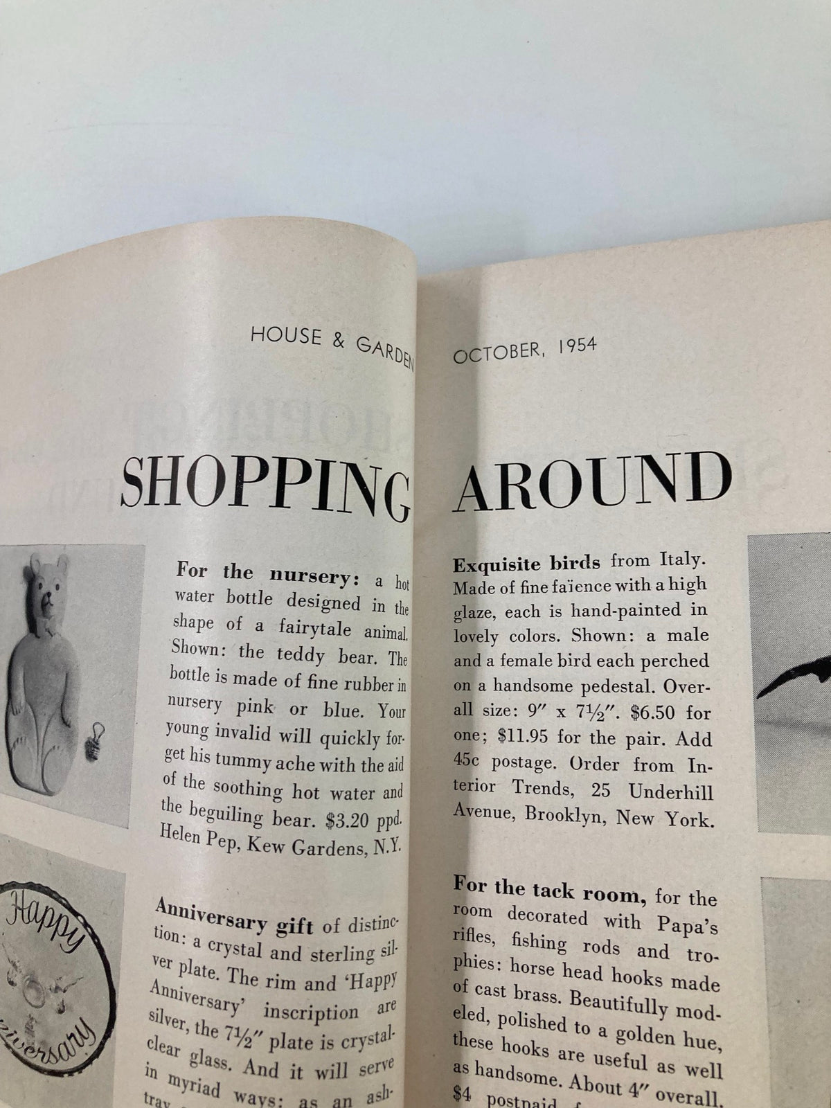 Inside page of the VTG House & Garden Magazine from October 1954 featuring the heading 'Shopping Around'. The page includes distinct design elements representative of mid-century style.