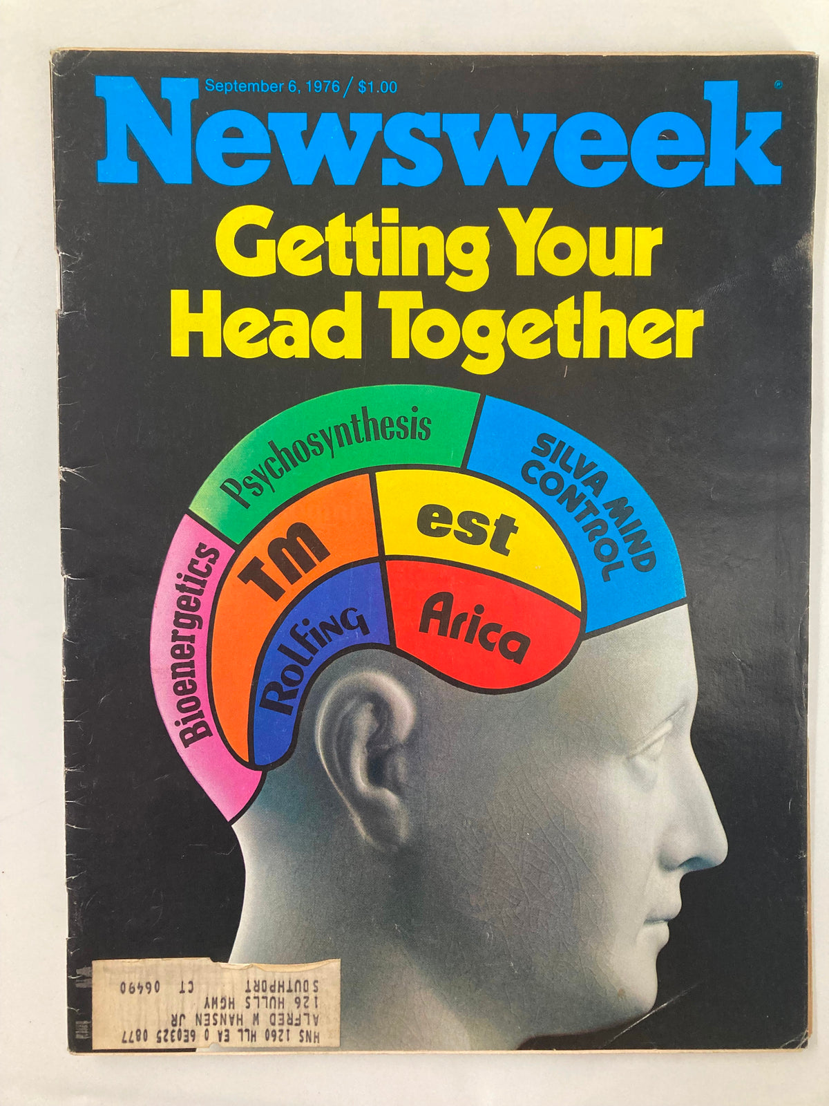 Cover of the VTG Newsweek Magazine from September 6, 1976, titled 'Getting Your Head Together', featuring a profile of a human head illustrated with colorful sections labeled with various mental health concepts such as psychosynthesis and mind control.
