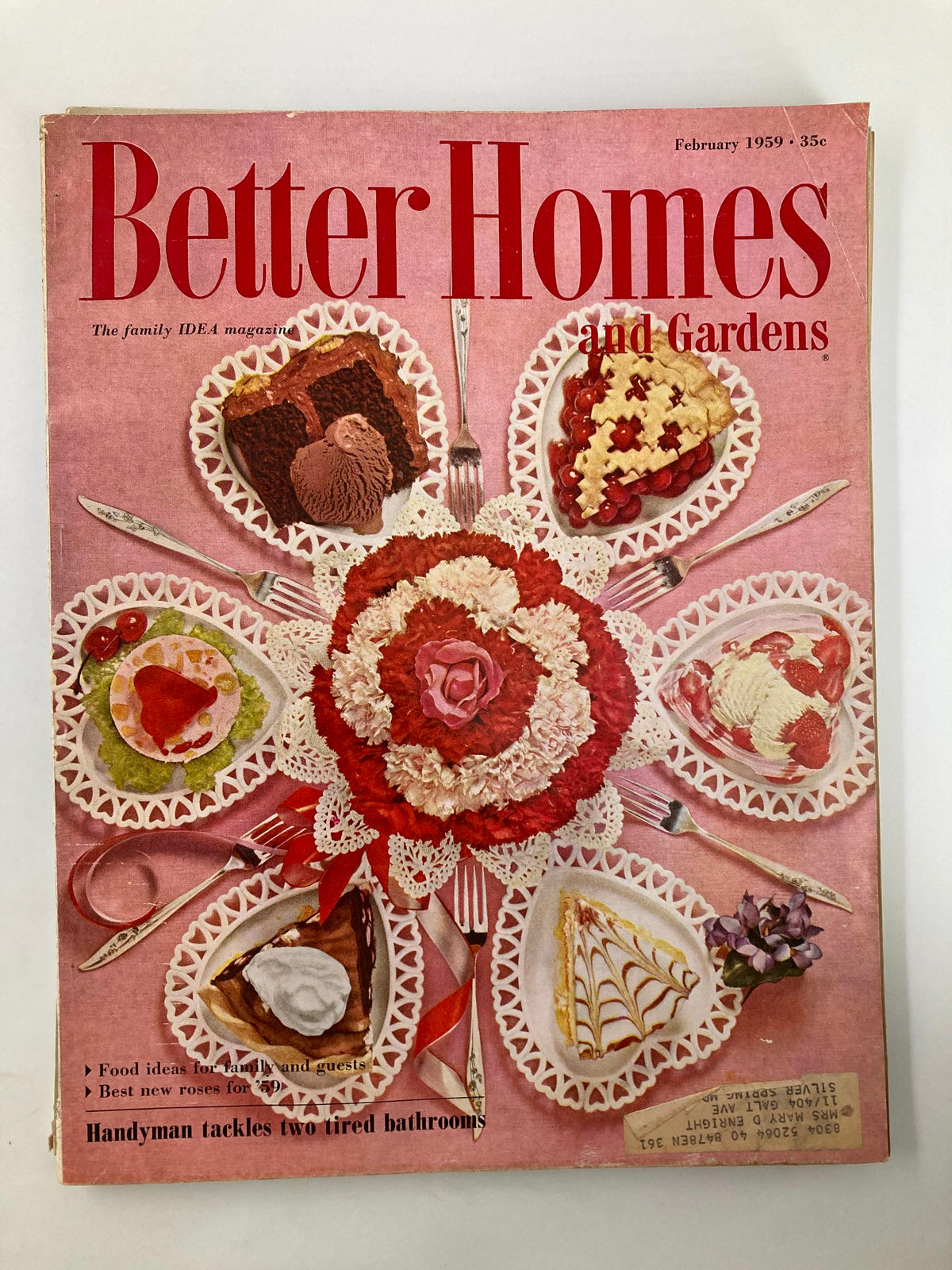 Cover of VTG Better Homes & Gardens Magazine February 1959 featuring a colorful dessert theme and the article title 'Handyman tackles two tired bathrooms.'
