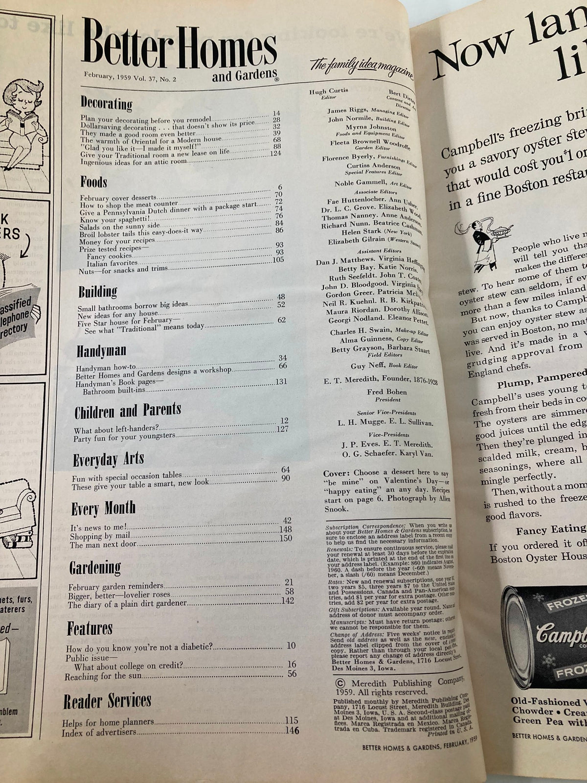 Inside page of VTG Better Homes & Gardens Magazine February 1959 featuring articles on Decorating, Foods, Handyman tips, and more with a focus on home improvement and DIY projects.