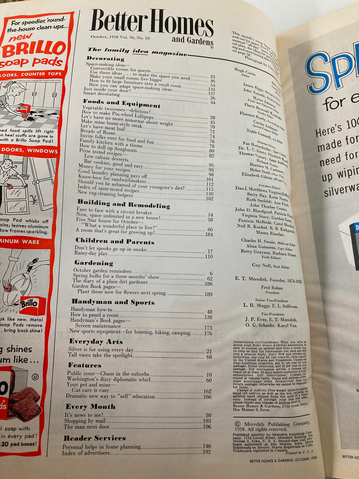 VTG Better Homes & Gardens Magazine October 1958 index page displaying articles on decorating, foods, and remodeling ideas.