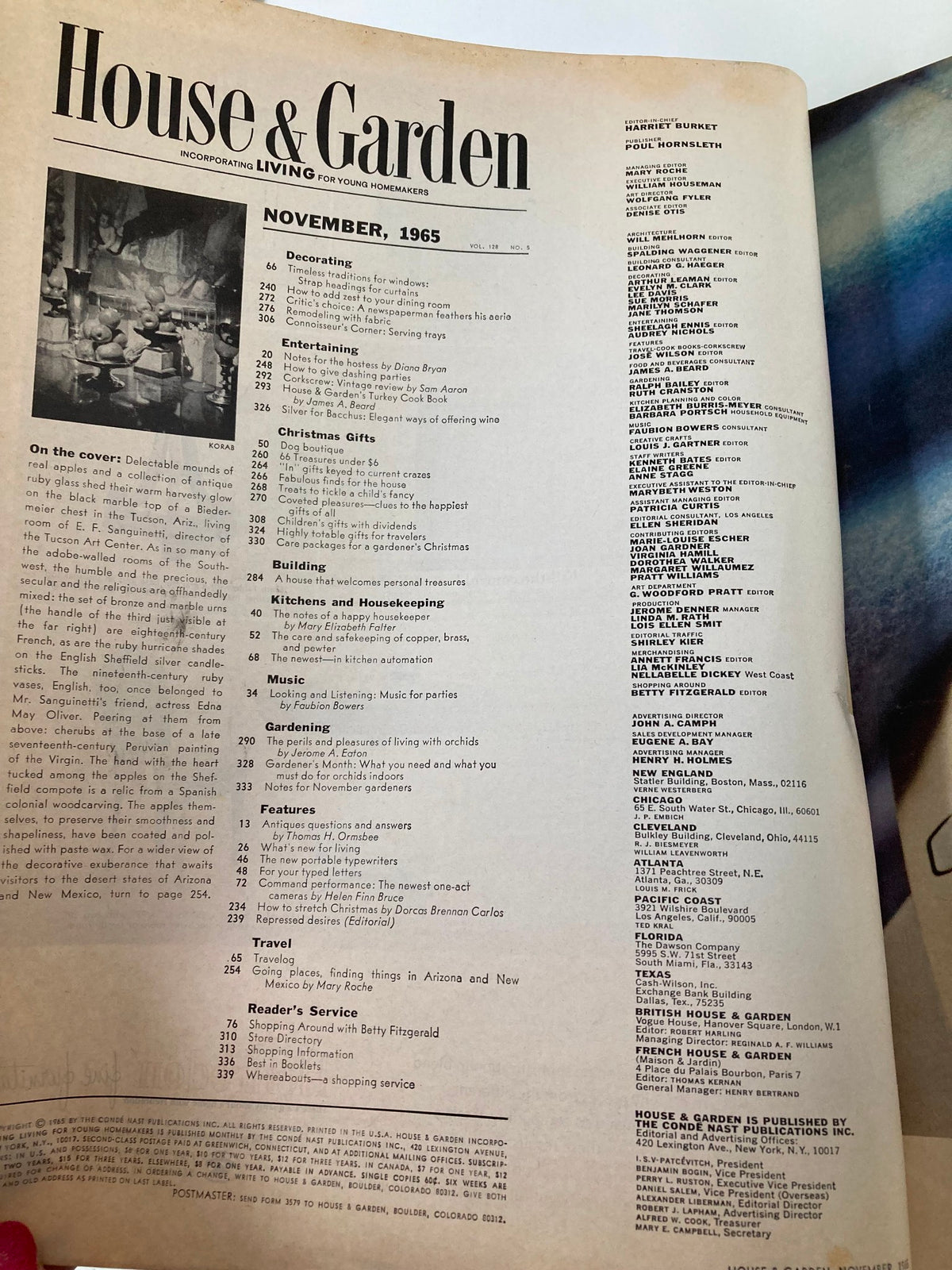 Inside page of VTG House & Garden Magazine, November 1965, displaying the table of contents featuring various articles including 'How To Give Dashing Parties'.