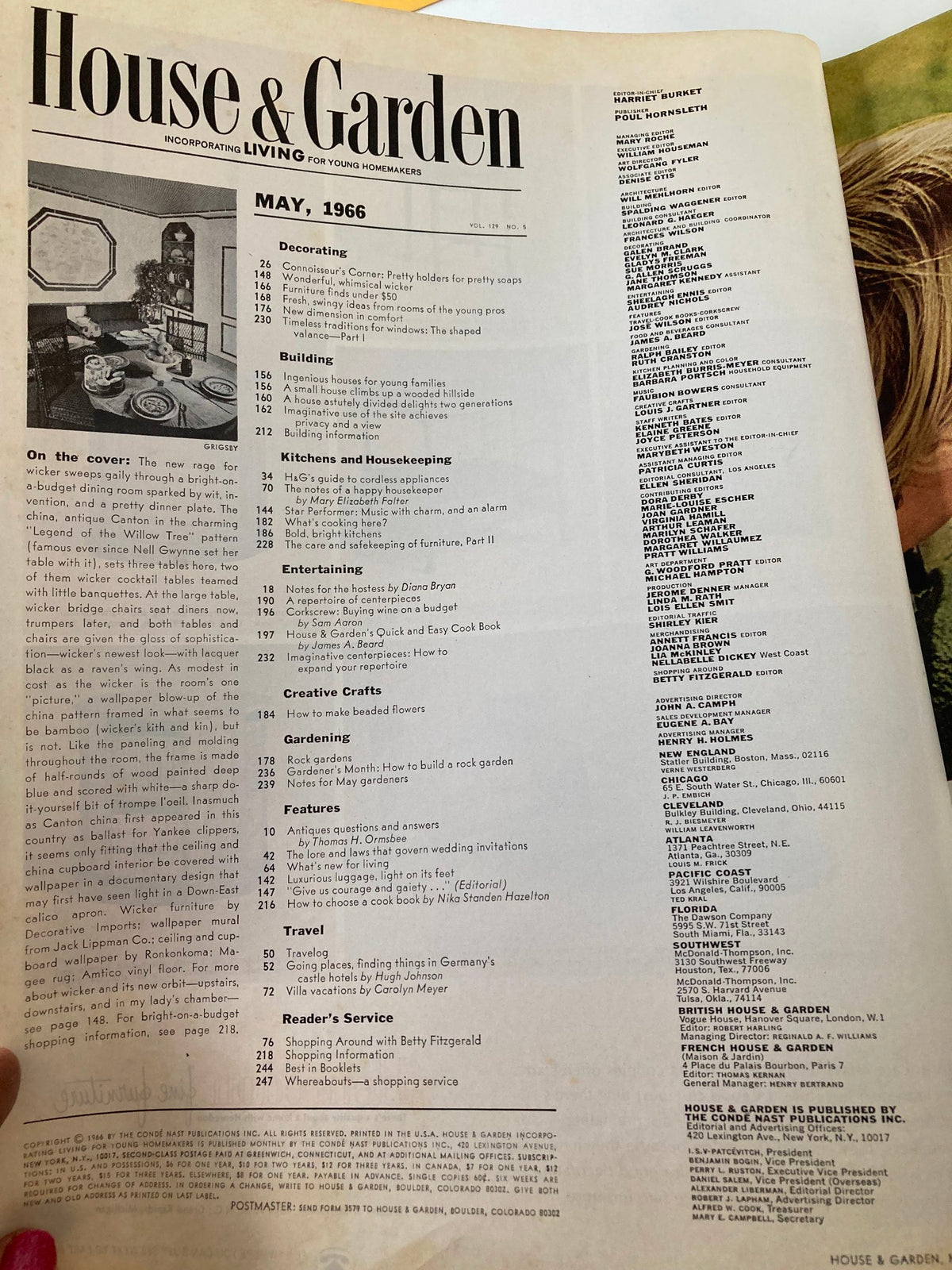 Interior page of the May 1966 issue of House & Garden Magazine, featuring articles on decorating, building, kitchens, housekeeping, gardening, and more, under the theme 'Ingenious Small Houses'.