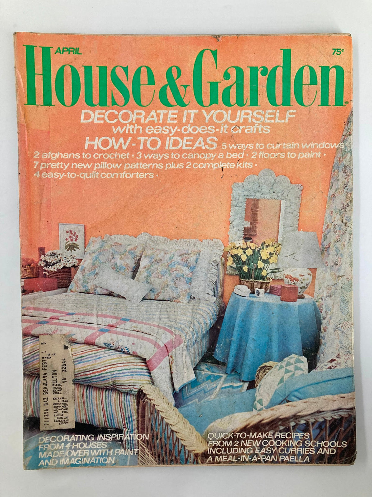 Cover of House & Garden Magazine, April 1973, showcasing a colorful retro living space with creative decoration ideas.
