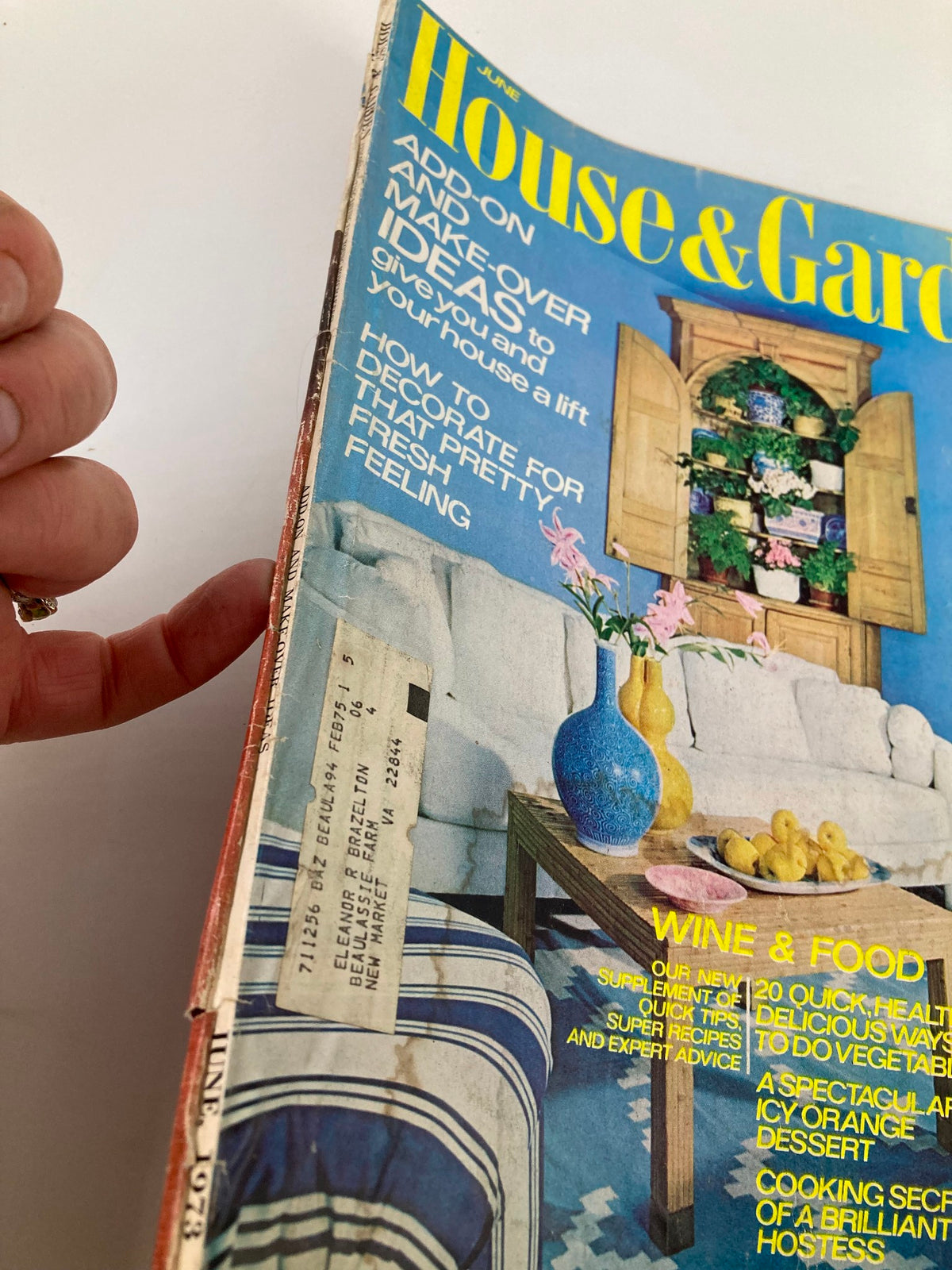 Side view of the VTG House & Garden Magazine June 1973 with focus on the cover details and label, showcasing its vintage condition.