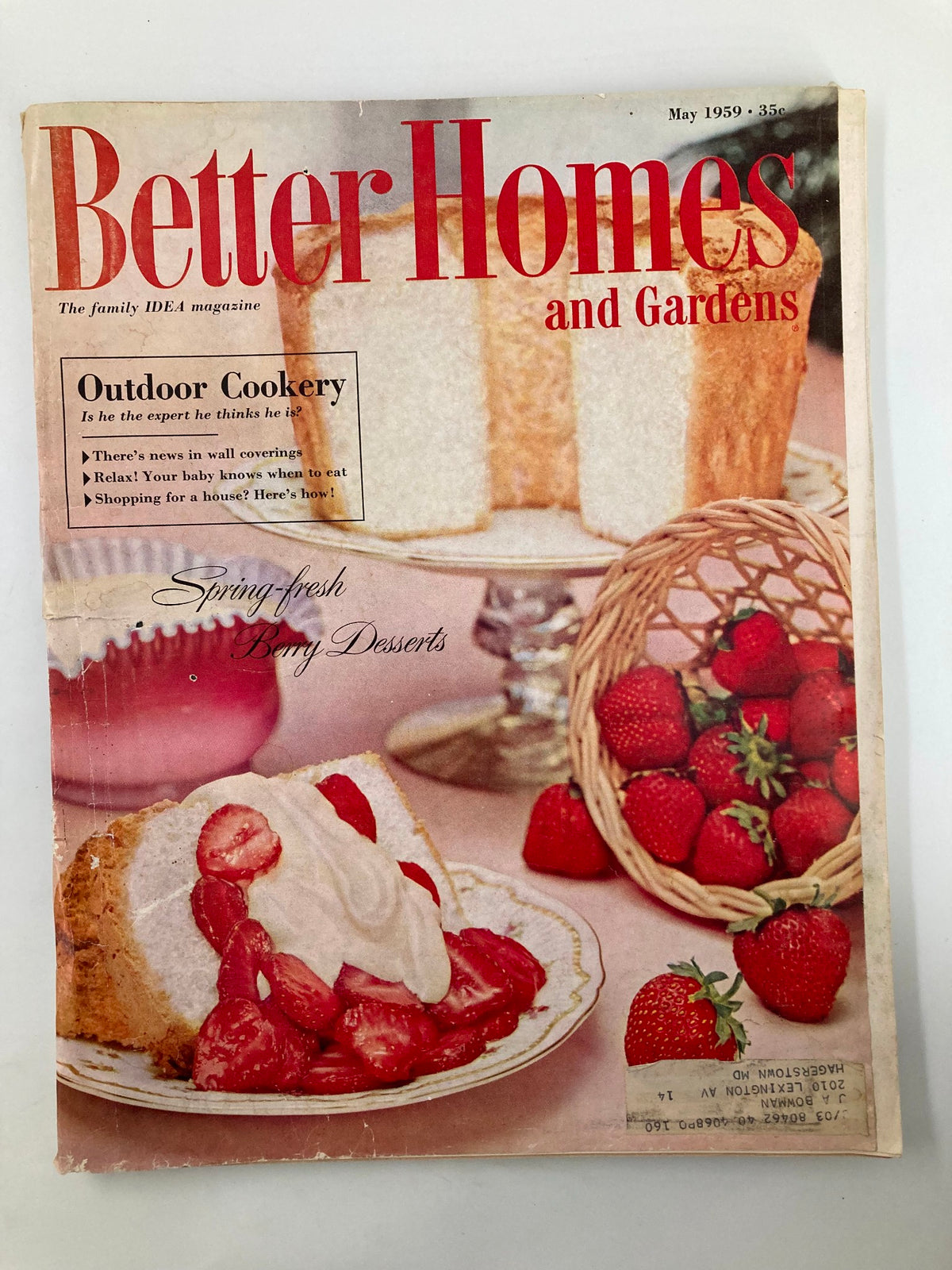 Cover of the VTG Better Homes & Garden Magazine from May 1959 featuring Spring Fresh Berry Desserts, highlighting a delicious dessert with strawberries, whipped cream, and cake.