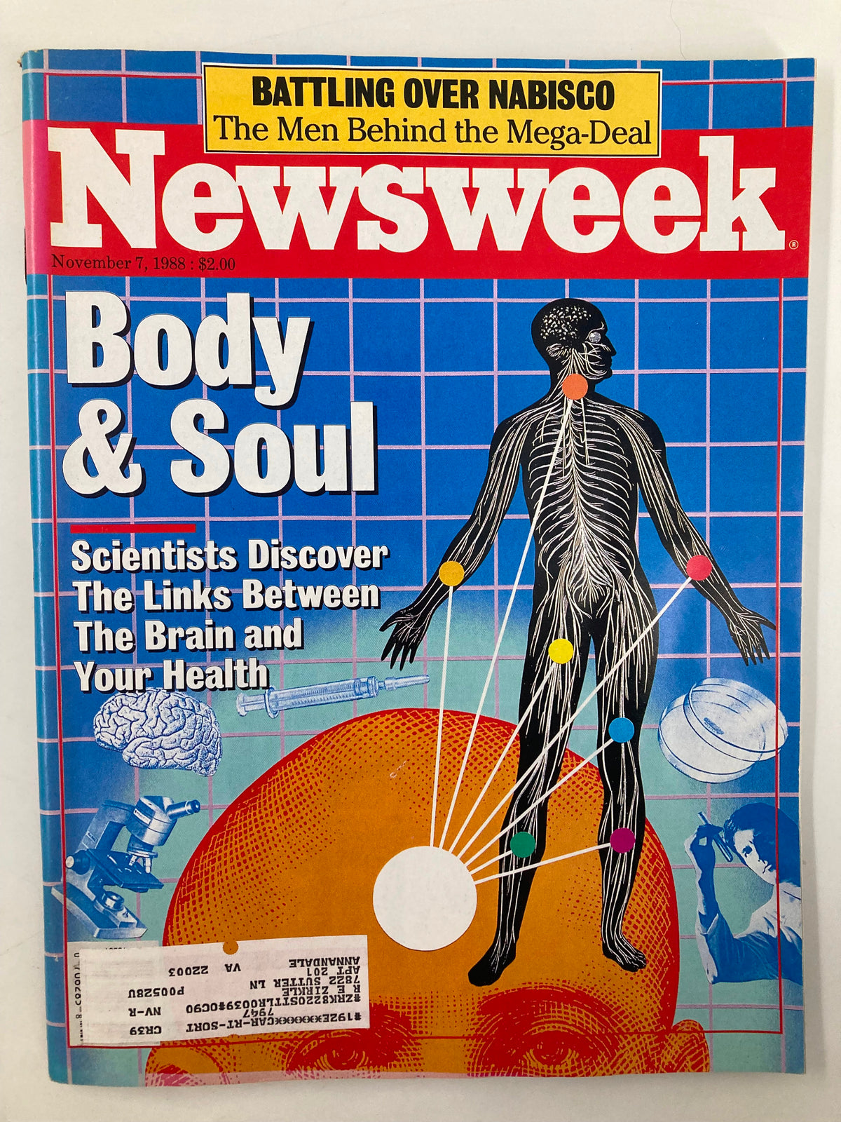 Cover of VTG Newsweek Magazine from November 7, 1988, titled 'Body & Soul', featuring a graphical depiction of the human nervous system highlighting the links between the brain and health.