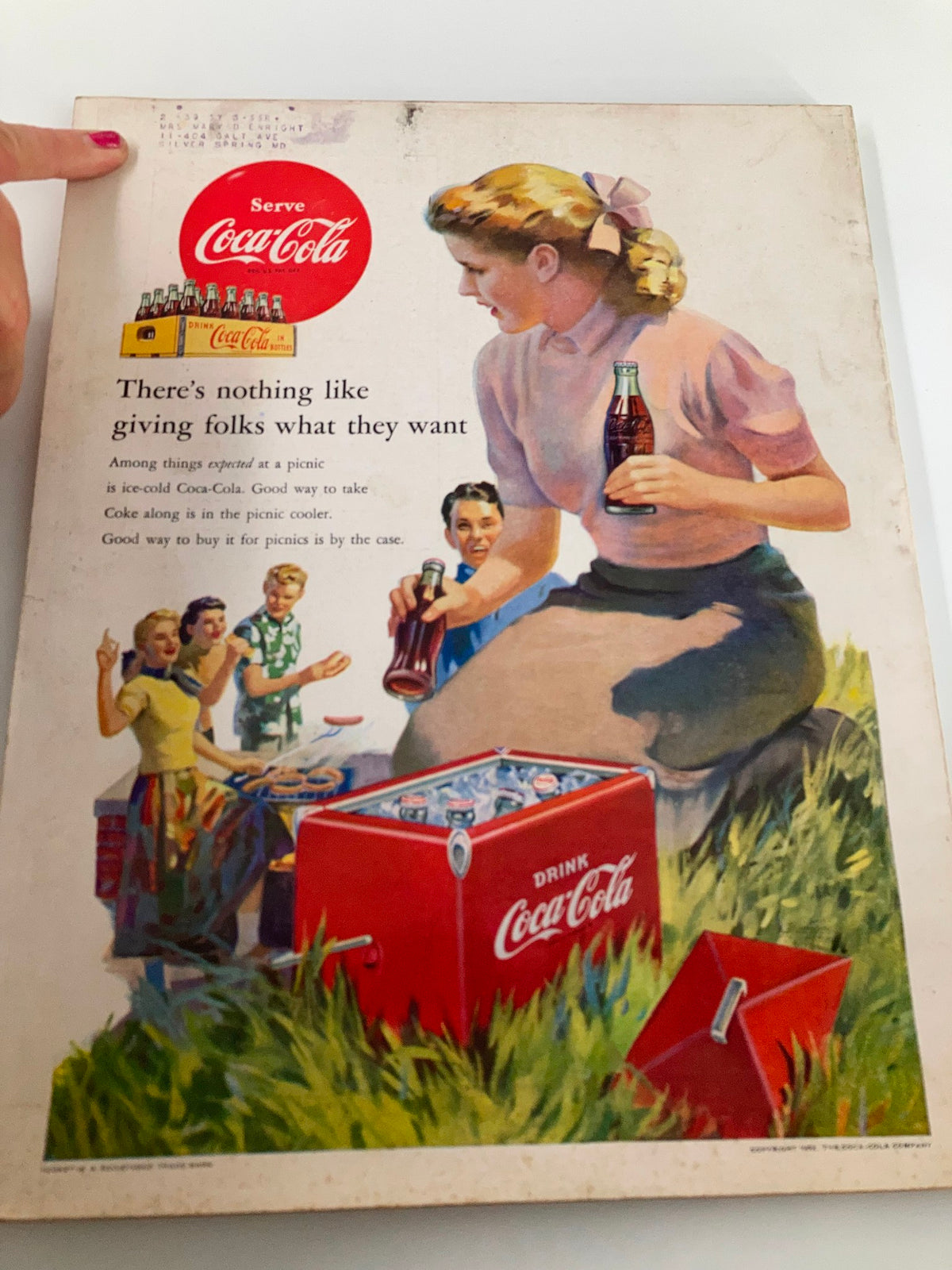 Back cover of the VTG Better Homes & Garden Magazine September 1952, featuring a vintage Coca-Cola advertisement with people enjoying drinks at a picnic, reflecting the era's social culture.