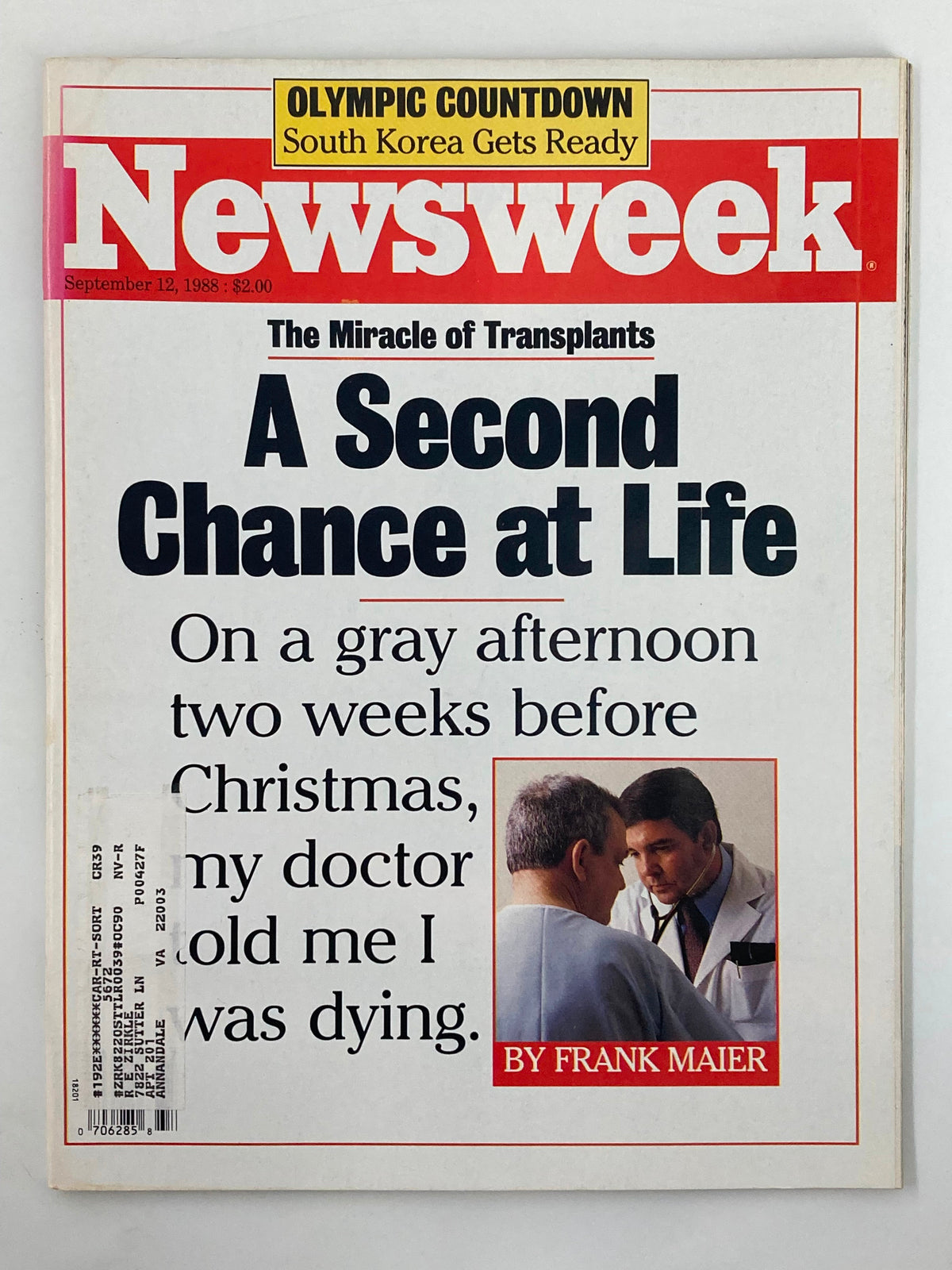 VTG Newsweek Magazine September 12 1988 featuring the cover story 'A Second Chance at Life' discussing the miracle of organ transplants, with a striking visual layout that includes a personal narrative.