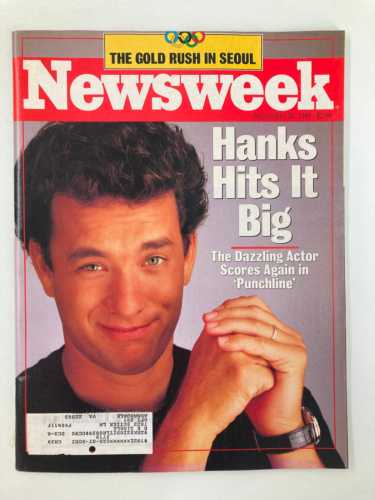 Vintage Newsweek Magazine from September 26, 1988 featuring Tom Hanks on the cover, promoting his performance in 'Punchline'. The magazine highlights Tom Hanks' rising stardom during the late '80s with the tagline 'Hanks Hits It Big'.