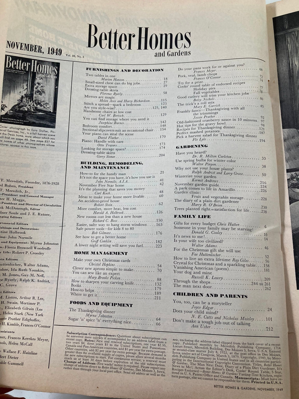 Interior page of the VTG Better Homes & Gardens Magazine November 1949 displaying the table of contents, featuring articles on home decor and renovation.