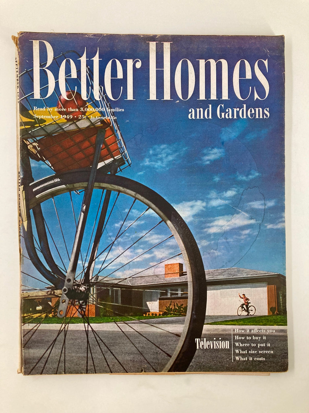 Cover of VTG Better Homes & Garden Magazine September 1949 showcasing a bicycle in front of a modern home with text about home organization.