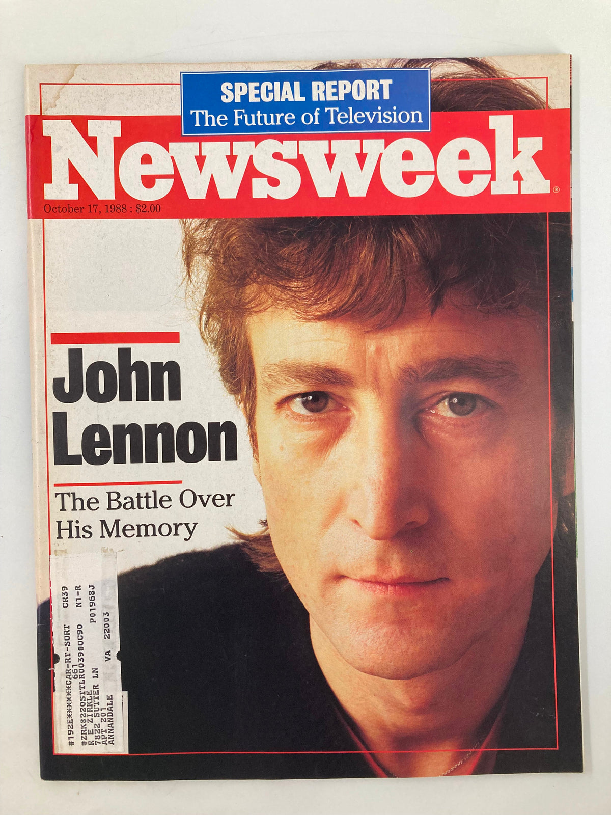 VTG Newsweek Magazine cover from October 17, 1988 featuring John Lennon with the headline 'The Battle Over His Memory' highlighting his legacy and influence on pop culture.