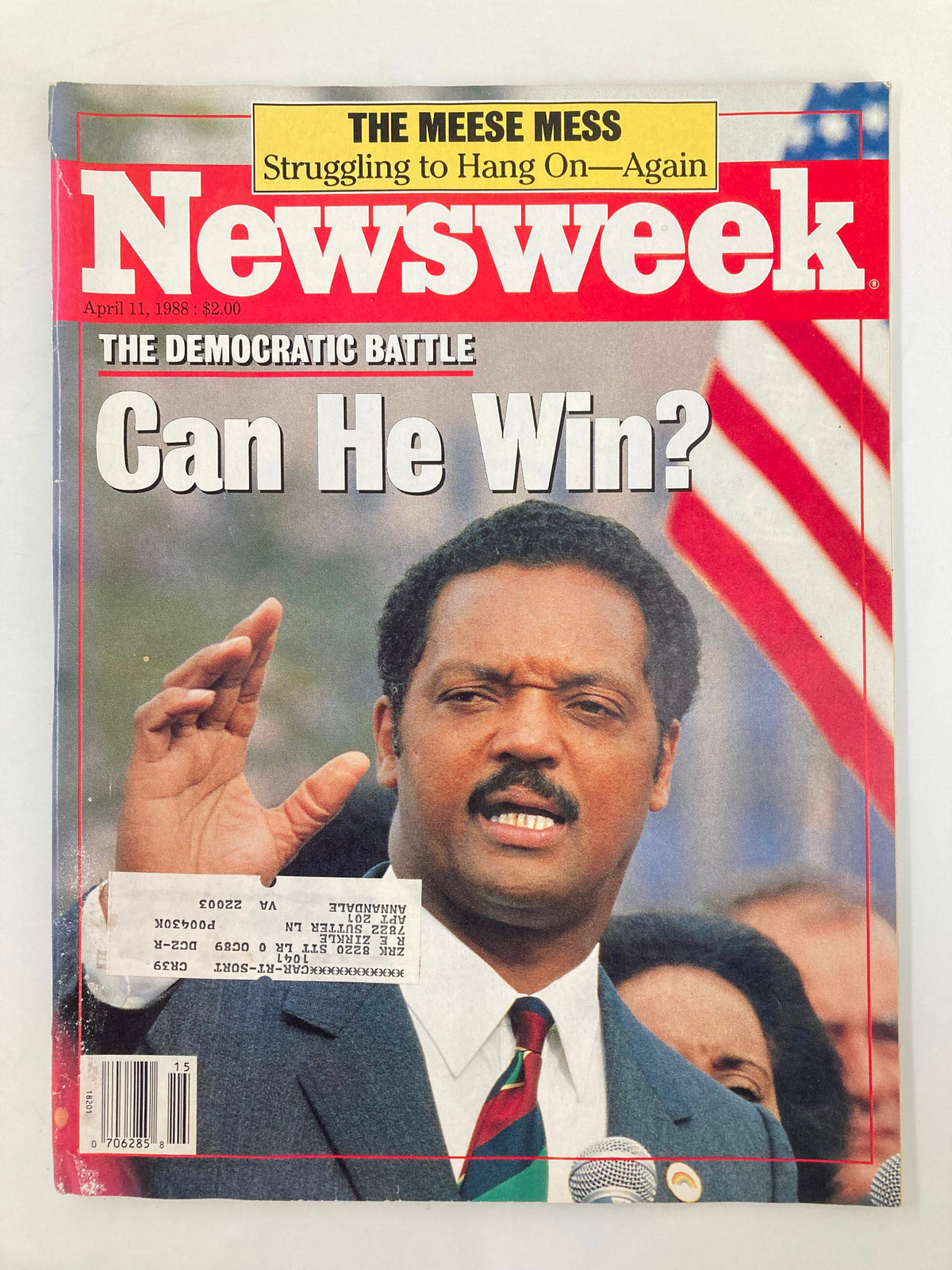 VTG Newsweek Magazine April 11 1988 cover featuring Jesse Jackson with the headline 'Can He Win?' showcasing the Democratic Battle.