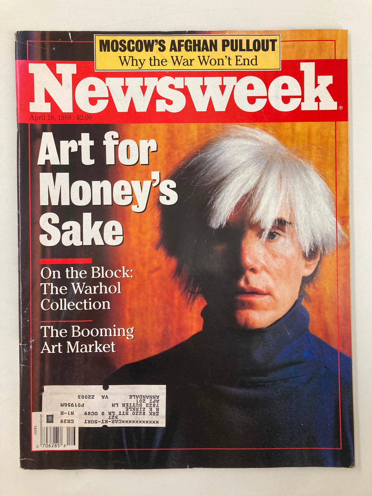 Cover of VTG Newsweek Magazine April 18 1988 featuring 'The Andy Warhol Collection: Art For Money' with a portrait of Andy Warhol.