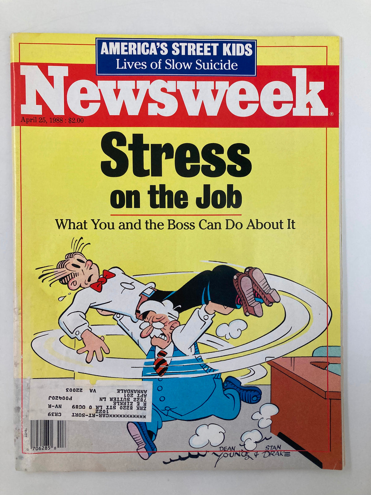 VTG Newsweek Magazine Cover from April 25, 1988, featuring the title 'Stress on the Job' and highlighting 'America's Street Kids' with a colorful cartoon illustration.
