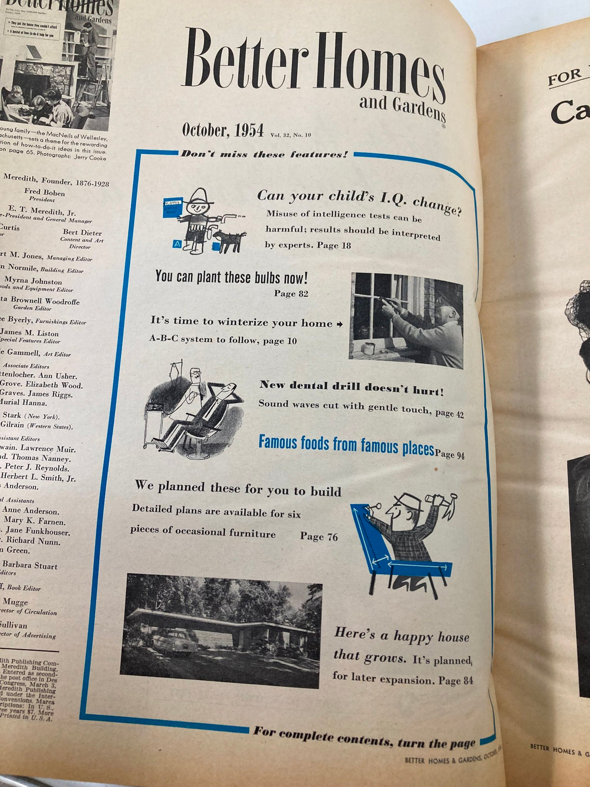 Inside page of the VTG Better Homes & Garden Magazine October 1954 displaying articles on gardening, home winterization tips, and furniture planning.