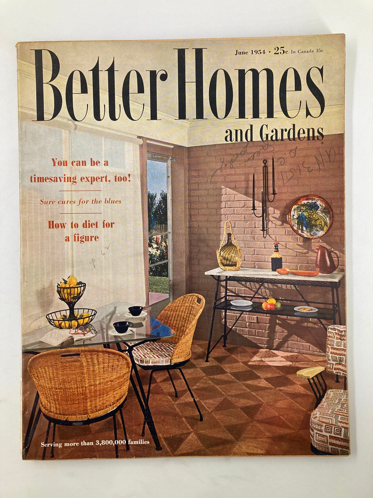 Cover of VTG Better Homes & Garden Magazine June 1954 featuring interiors and a dining area, highlighting tips on how to diet for a figure.