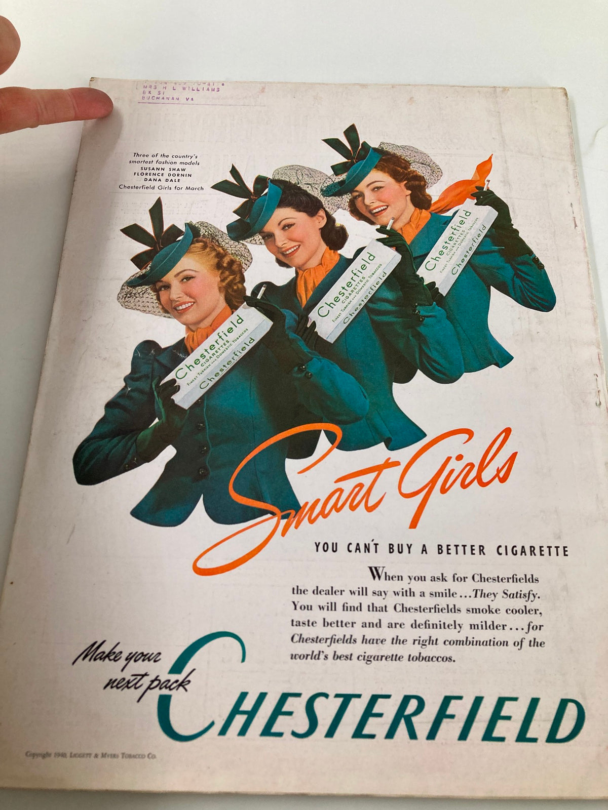 Back cover of VTG Better Homes & Gardens Magazine March 1940 displaying an advertisement for Chesterfield cigarettes with three fashionable women dressed in teal outfits, promoting a retro product.