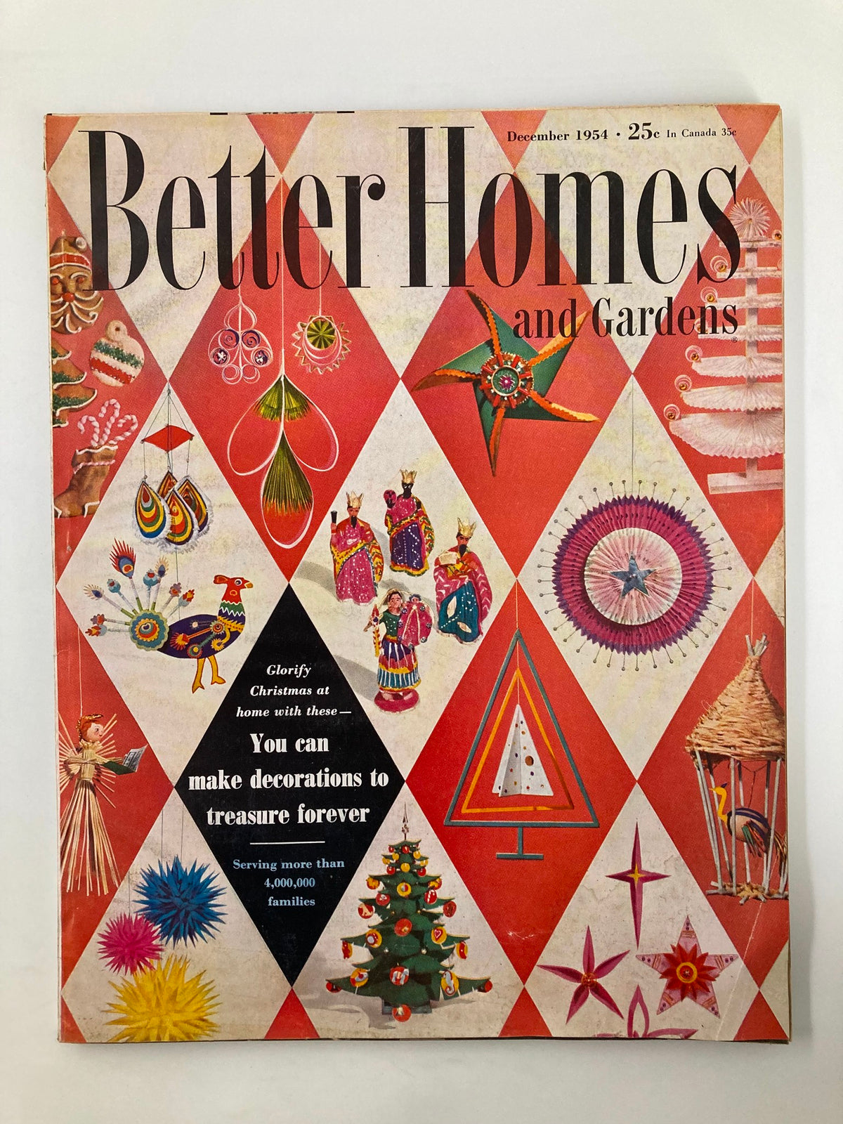 Cover of VTG Better Homes & Garden Magazine December 1954 featuring festive decorations ideas, diamond patterns, and colorful holiday crafts.
