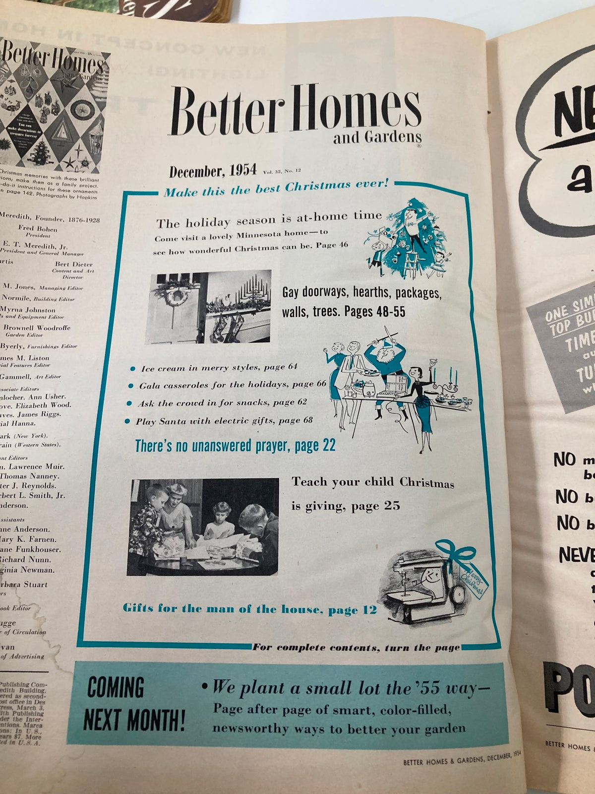 Inner page of the VTG Better Homes & Garden Magazine December 1954 showcasing the table of contents and decorative illustrations, highlighting holiday topics.