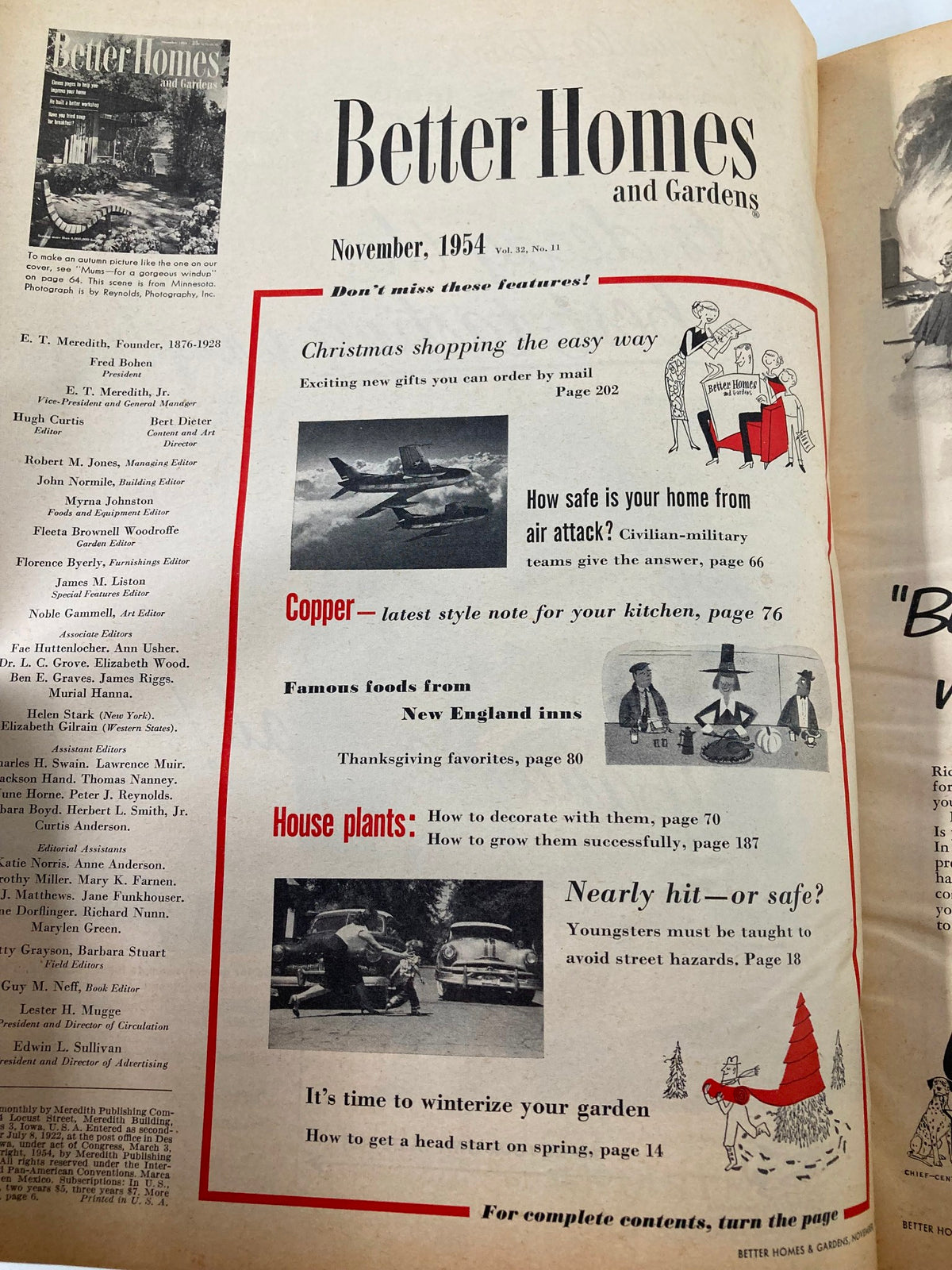 Interior page of the VTG Better Homes & Garden Magazine from November 1954 displaying featured articles including Christmas shopping, home safety, and house plants with illustrations.
