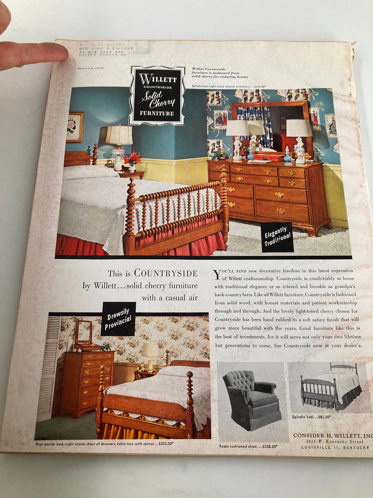 Back cover of the VTG Better Homes & Garden Magazine from November 1954 showcasing an advertisement for Willett Countryside solid cherry furniture with elegant traditional designs.