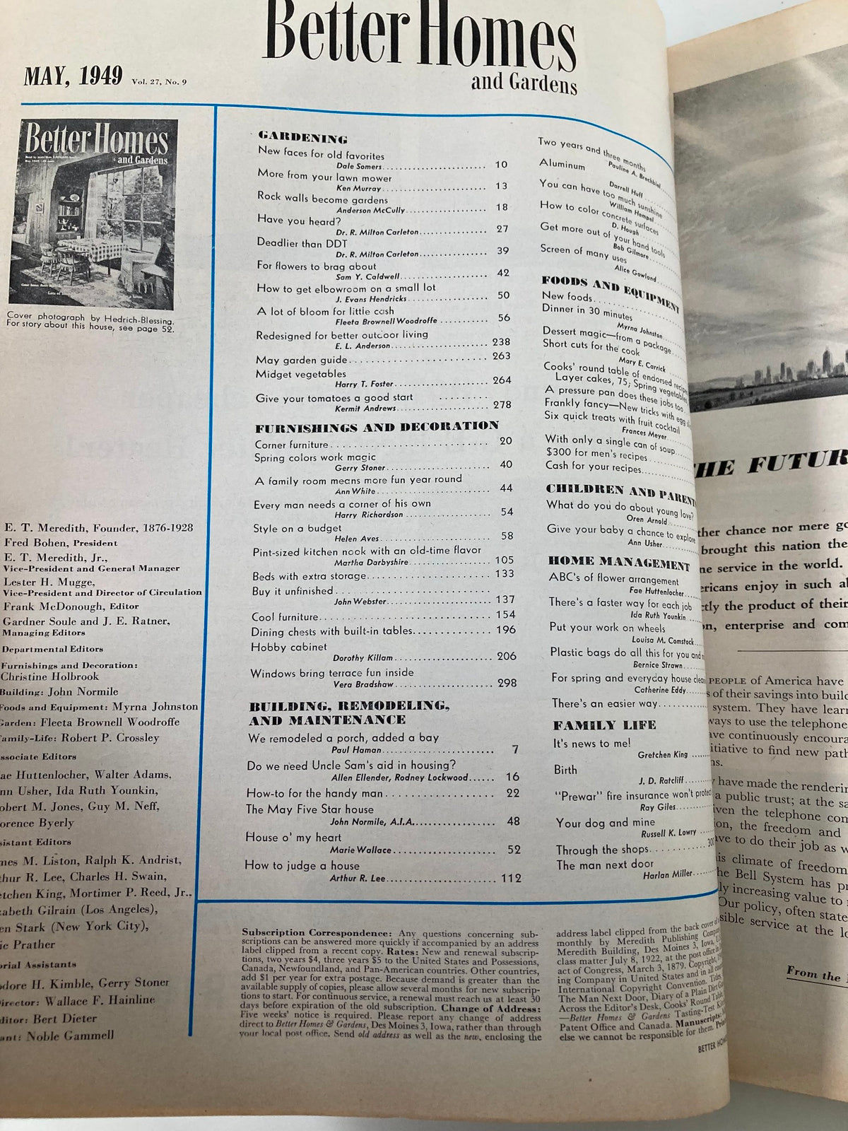 Table of contents from the May 1949 issue of Better Homes & Garden Magazine, highlighting various articles on gardening and home decor.