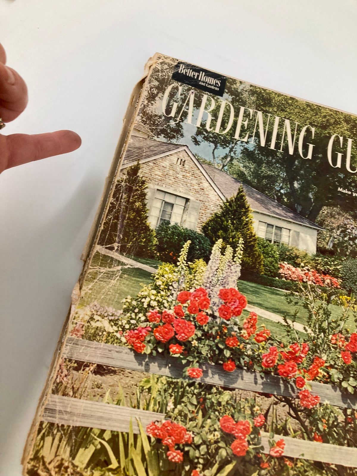 Close-up of VTG Better Homes & Gardens Gardening Guide 1951 cover showing blossoming red flowers with a vintage aesthetic.