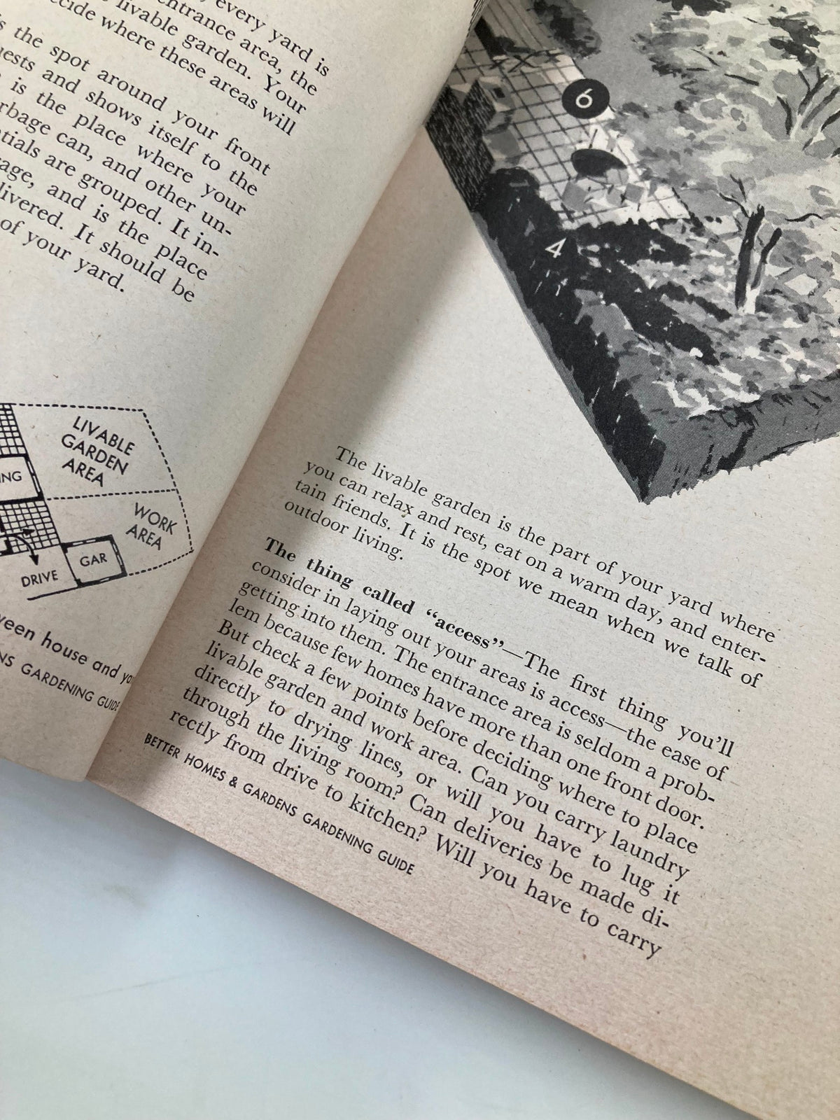Interior page of VTG Better Homes & Gardens Gardening Guide 1951 discussing the livable garden area with detailed text and illustrations.
