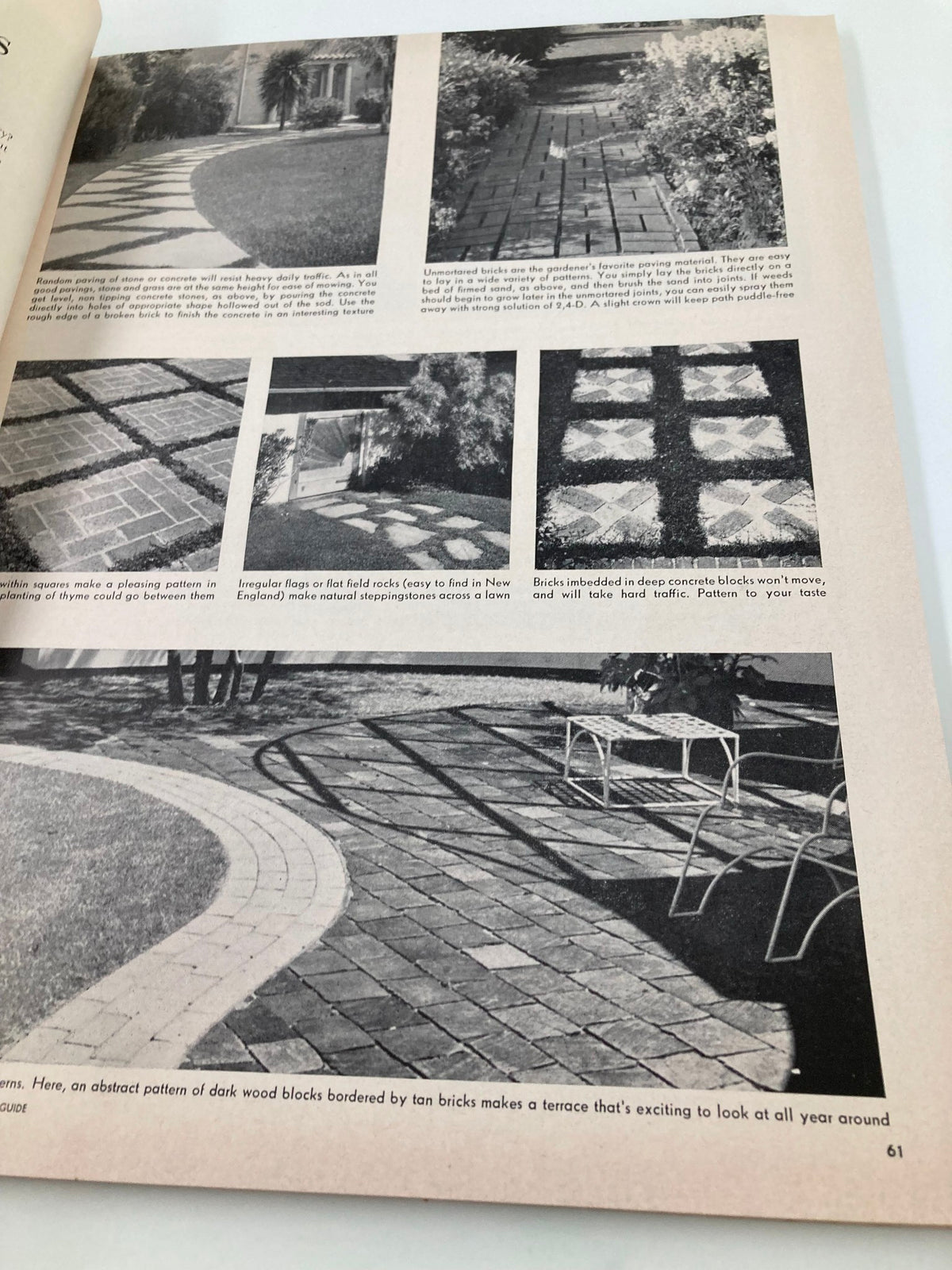 Examples of brick and stone path designs featured in VTG Better Homes & Gardens Gardening Guide 1951 showcasing various garden layouts.
