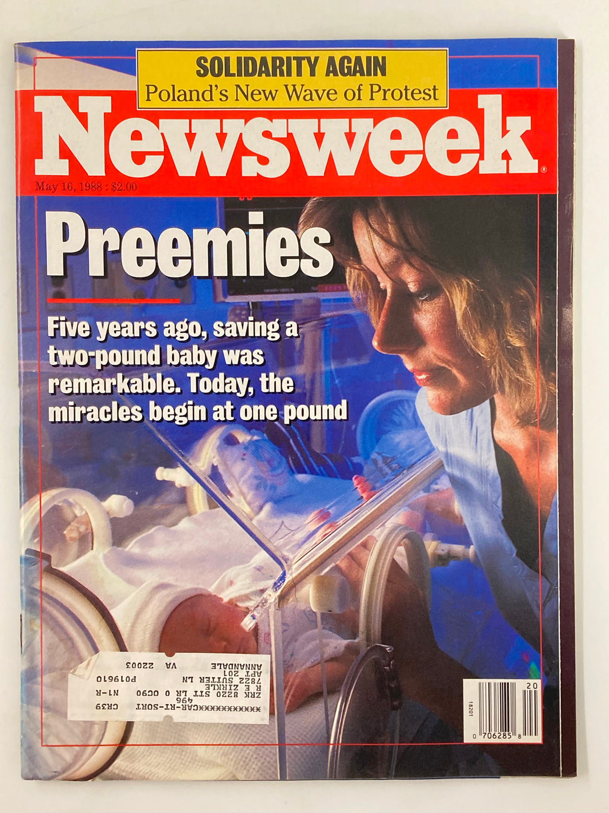 VTG Newsweek Magazine May 16 1988 cover featuring the title 'Solidarity Again: Poland's New Wave of Protest' and an article about preemies, showcasing a woman in a medical setting with an infant in an incubator.