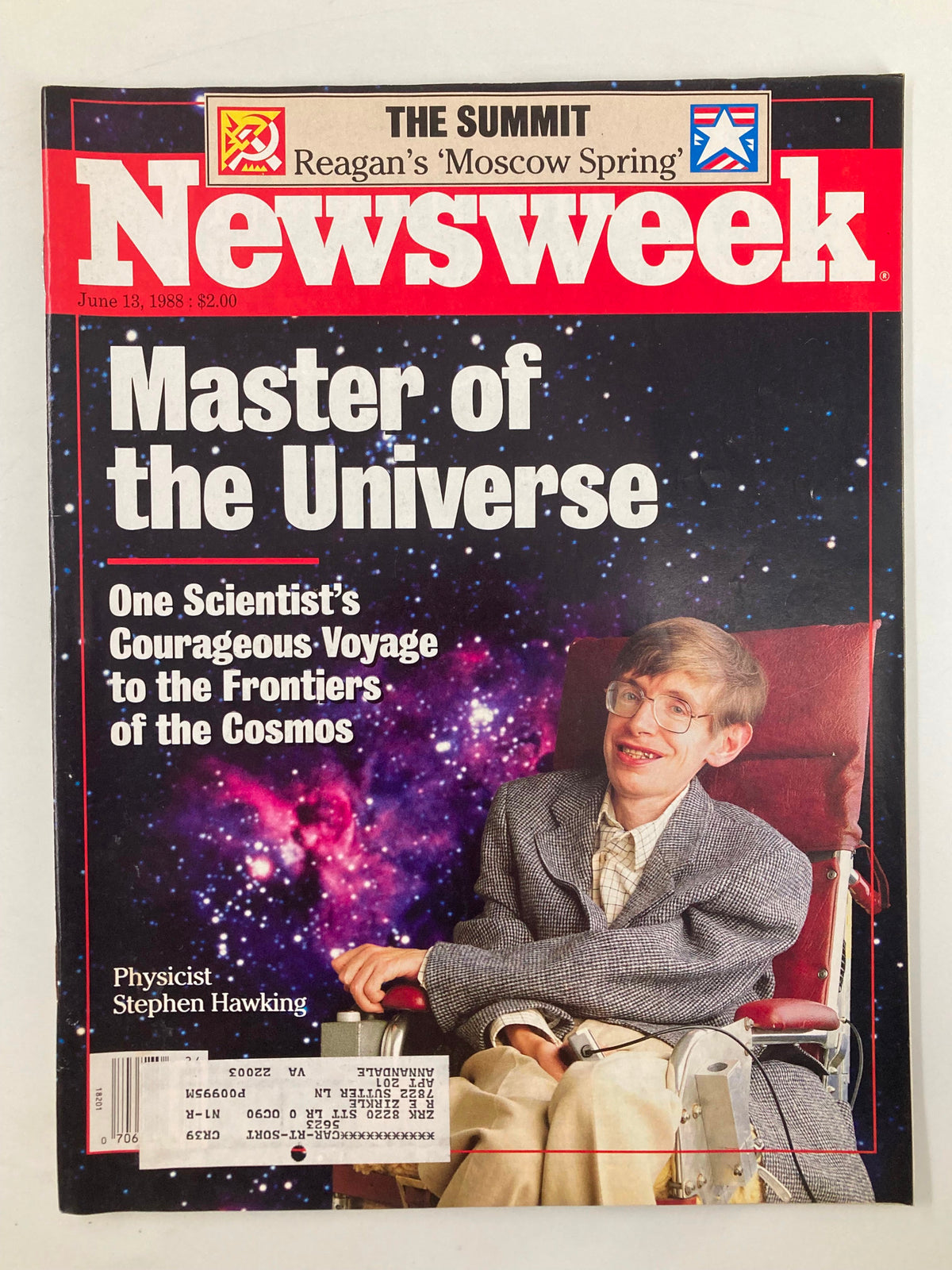 Front cover of the vintage Newsweek magazine from June 13, 1988, featuring Stephen Hawking titled 'Master of the Universe', showcasing a cosmic background and headlines about his contributions to science.