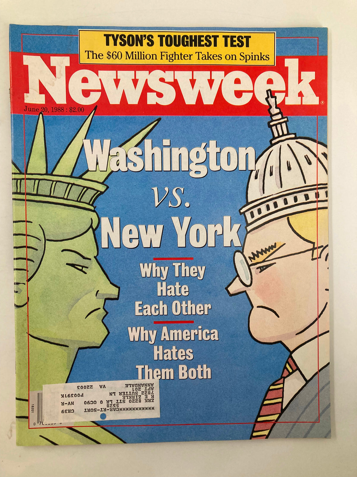 Cover of VTG Newsweek Magazine from June 20, 1988, featuring the title 'Washington vs New York: They Hate Each Other' with illustrations of the Statue of Liberty and the U.S. Capitol.