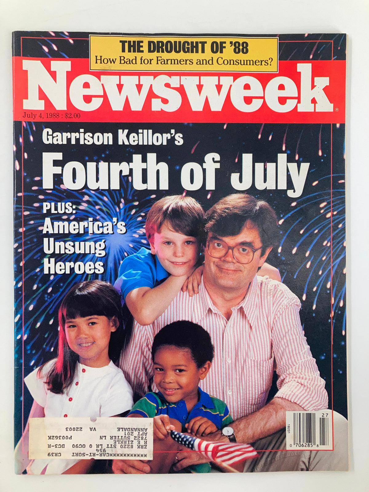 Cover of VTG Newsweek Magazine from July 4, 1988 featuring Garrison Keillor's Fourth of July, showcasing a festive scene with four children and Keillor, celebrating American traditions with fireworks in the background.