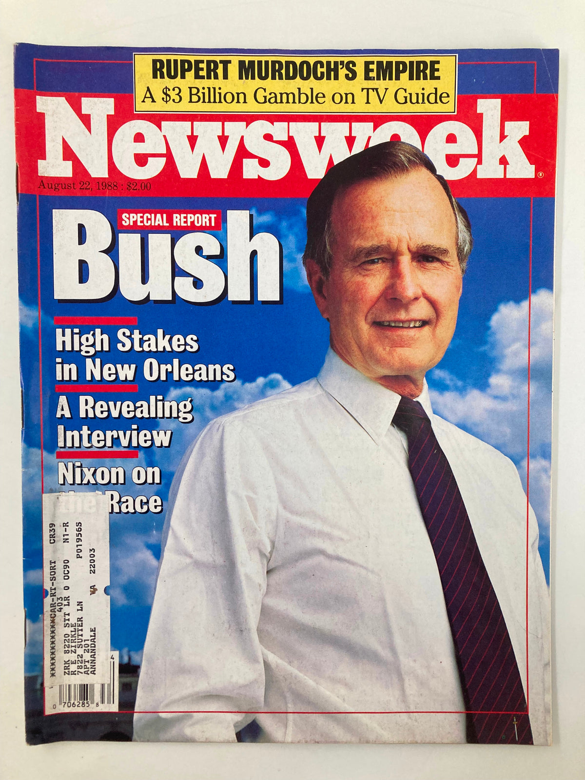 Vintage Newsweek Magazine dated August 22, 1988 featuring 'A Revealing Interview' with George W. Bush on the cover, showcasing important political insights from the late 1980s.