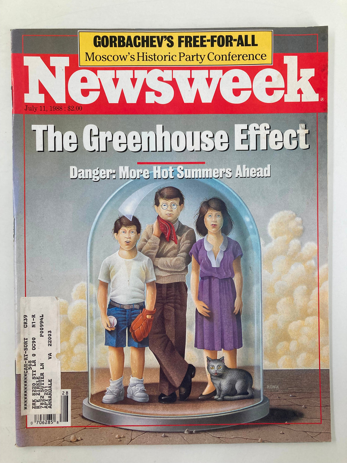 Cover of VTG Newsweek Magazine July 11 1988 titled 'The Greenhouse Effect' featuring a family and a cat inside a glass dome with the subtitle 'Danger: More Hot Summers Ahead'.