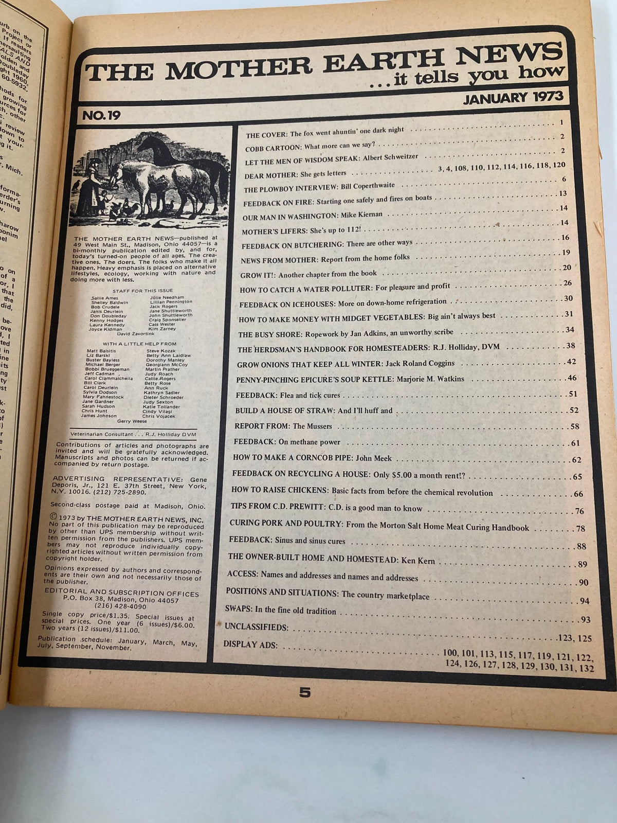 Interior page of VTG The Mother Earth News Magazine January 1973 #19 showing the table of contents with topics on gardening, homesteading, and practical tips.