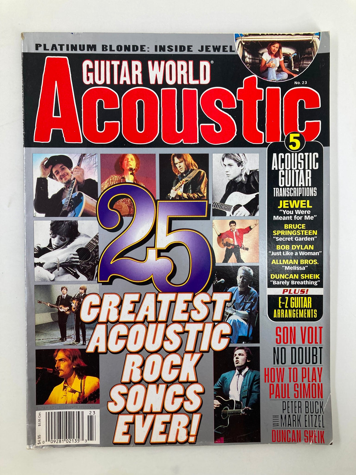 Cover of Guitar World Acoustic Magazine No. 23 featuring iconic artists like Jewel, with the title emphasizing '25 Greatest Acoustic Rock Songs Ever!' showcasing the essence of acoustic music.