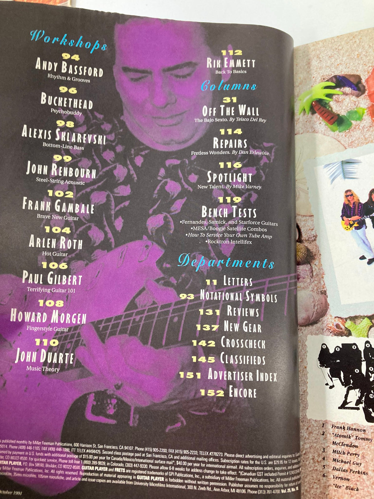 Page from Guitar Player Magazine October 1991 showcasing workshops and columns including guitar techniques, music theory, and guitarist profiles, emphasizing the magazine's focus on guitar mastery.