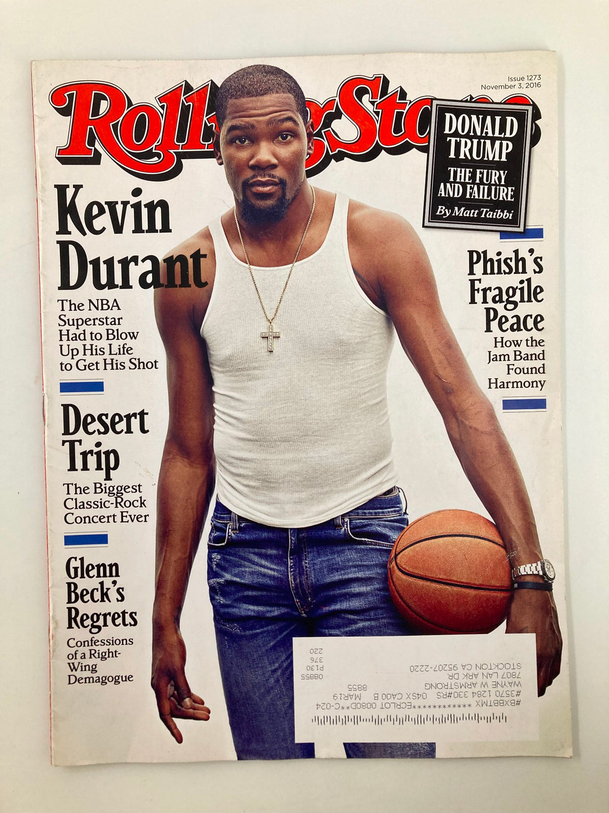 Rolling Stone Magazine November 3 2016 Issue 1273 featuring NBA superstar Kevin Durant on the cover, showcasing him in a white tank top holding a basketball.