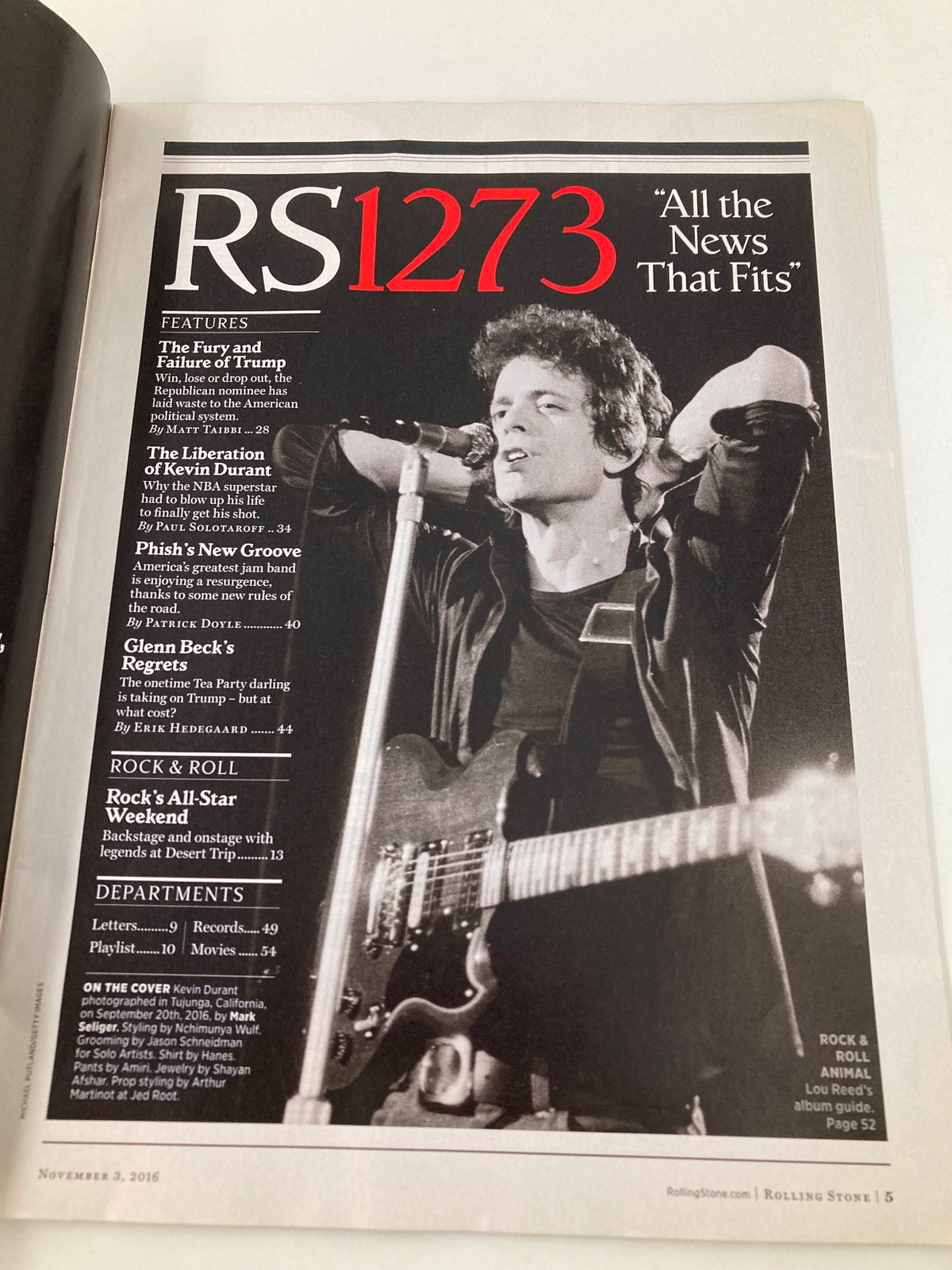 Inside page of Rolling Stone Magazine November 3 2016 Issue 1273, highlighting an article titled 'All the News That Fits' with a black and white image of a musician performing.