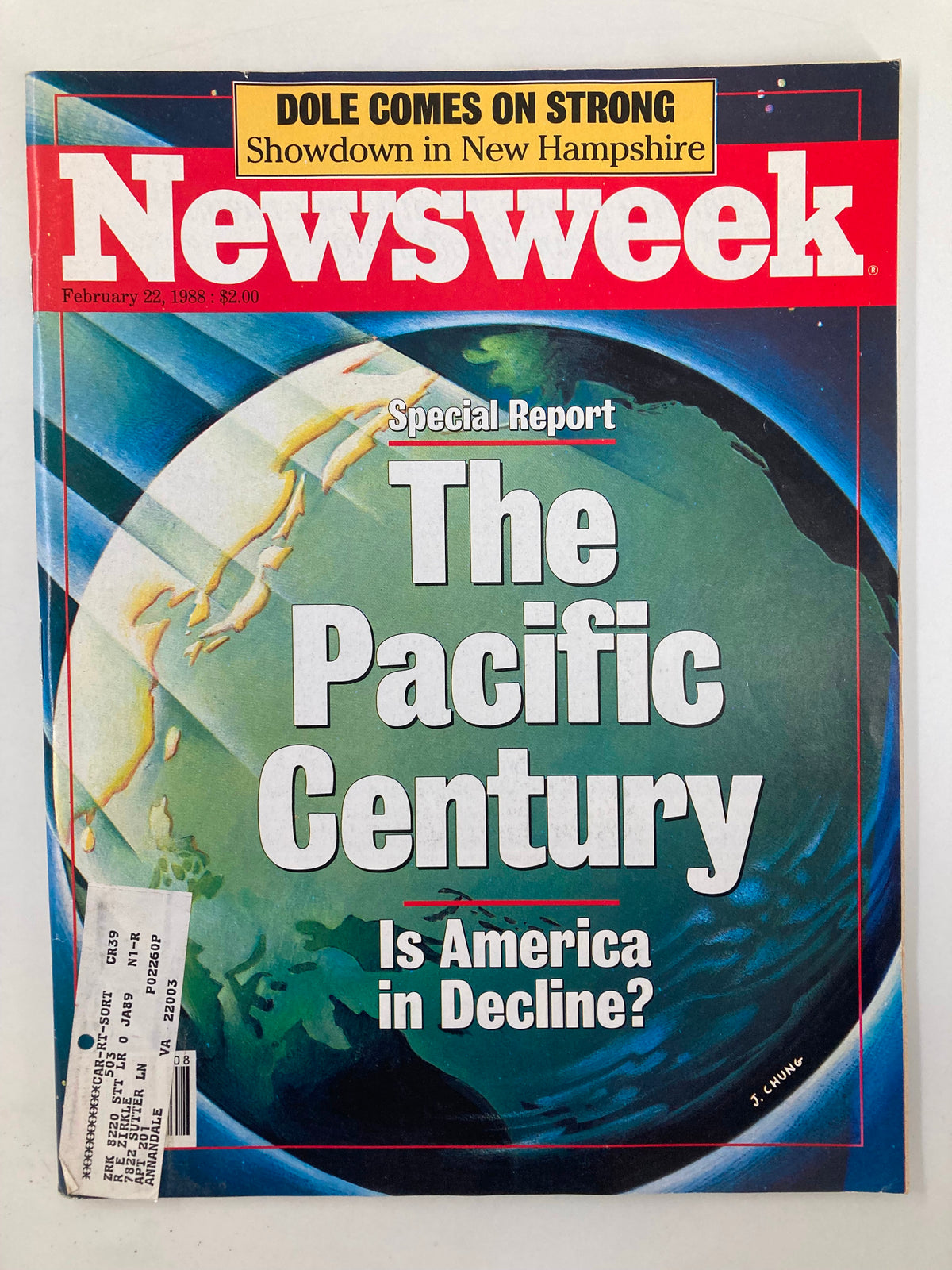 VTG Newsweek Magazine February 22 1988 cover featuring the title 'The Pacific Century: Is America in Decline?' with an illustration of Earth and a prominent headline, reflecting historical insights into America's global position during the late 20th century.