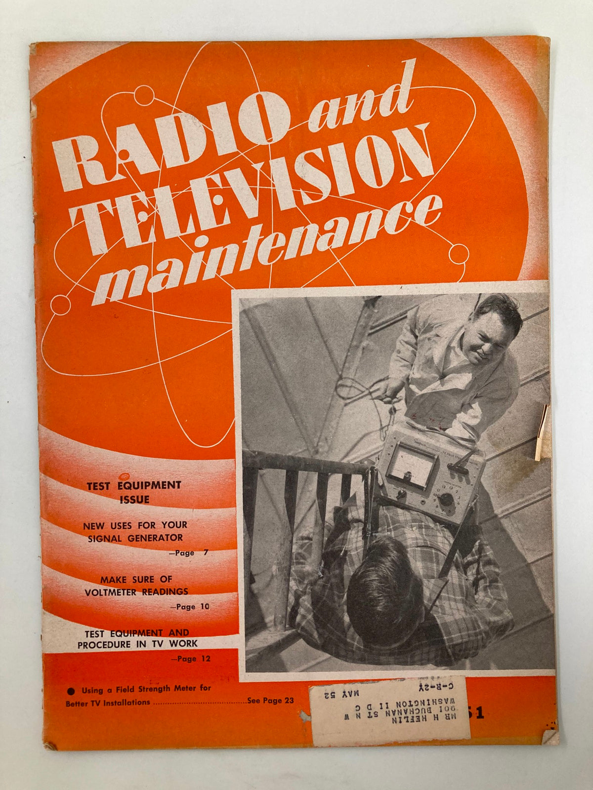 Cover of VTG Radio and Television Maintenance January 1951 magazine, featuring bold title and an image related to test equipment.