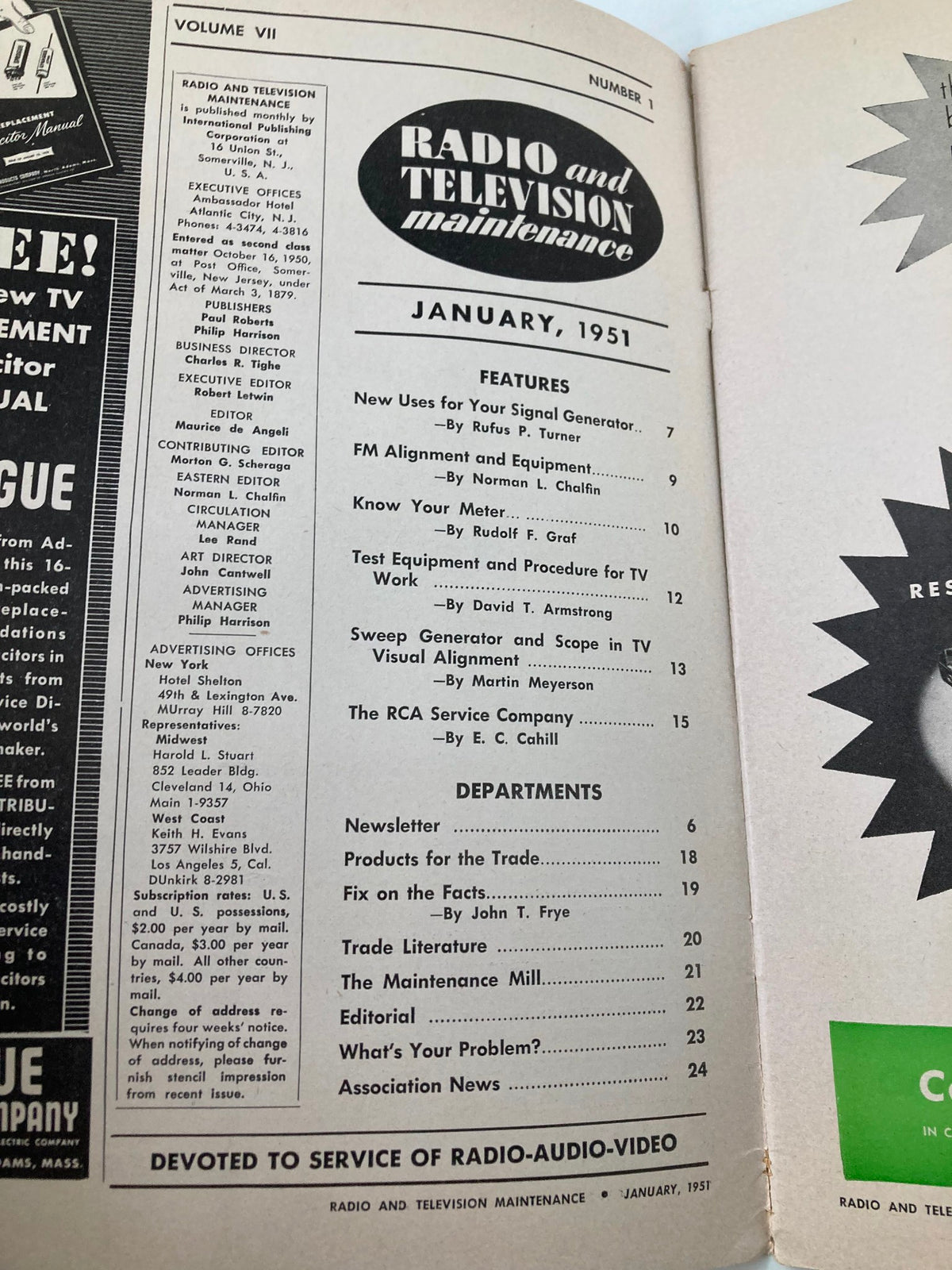 Inside page of VTG Radio and Television Maintenance January 1951 magazine, displaying content list and features related to radio and television maintenance.